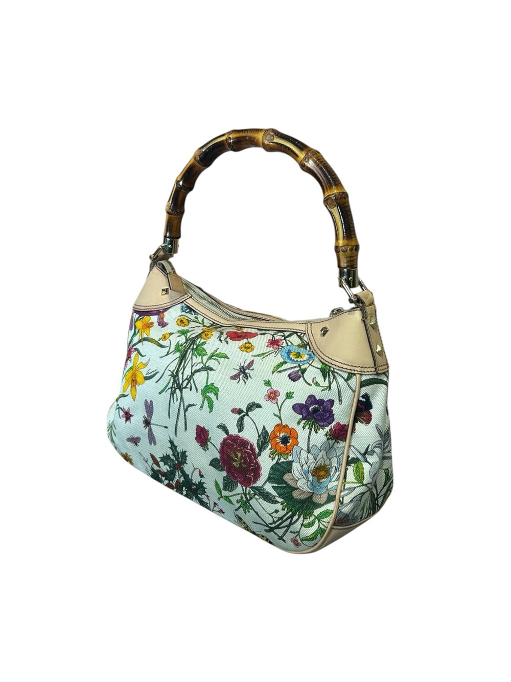 Vintage Y2K Gucci Flora Bamboo Canvas Leather Bamboo Shoulder Bag - Picture 5 of 6